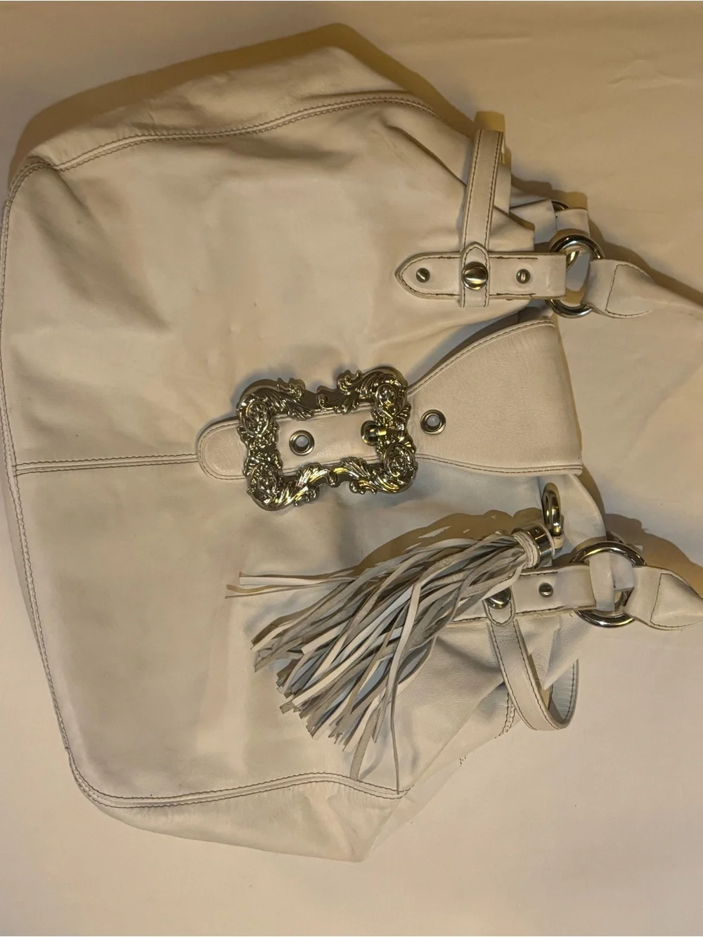 Vintage Y2K White Women's Leather Tote Bag with Decorative Buckle
